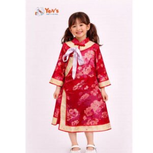 Dress Anak Perempuan Cheongsam Merah Motif Bunga Emas Elegan - Gaun Anak Gaya Oriental Tradisional Modern Detail Pita Cantik Nyaman untuk Imlek Fashion Anak Premium