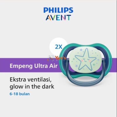 Philips Avent | Empeng Bayidengan Ekstra Ventilasi / Soother Bayi Ultra Air Glow In The Dark 6-18M SCF376/13