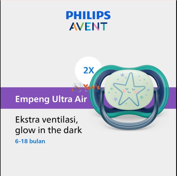 Philips Avent | Empeng Bayidengan Ekstra Ventilasi / Soother Bayi Ultra Air Glow In The Dark 6-18M SCF376/13