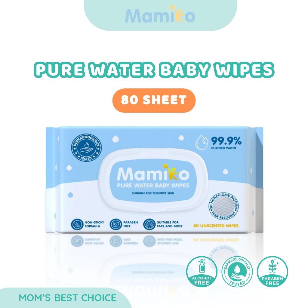 Mamiko Pure Water Baby Wipes - Tisu Basah Bayi 80s (1 Pack) / 50s (2 Pack)- 99,9% Air Murni