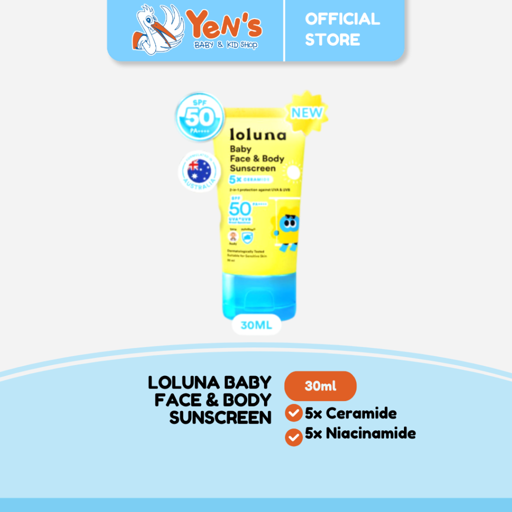 Loluna Baby Face & Body Sunscreen 30ml SPF 50+ PA++++ dengan 5x Ceramide & Niacinamide