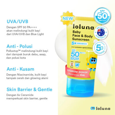 Loluna Baby Face & Body Sunscreen 30ml SPF 50+ PA++++ dengan 5x Ceramide & Niacinamide thumbnail 3